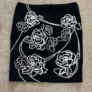 Black Floral Pencil Skirt with White Rose Embroidery